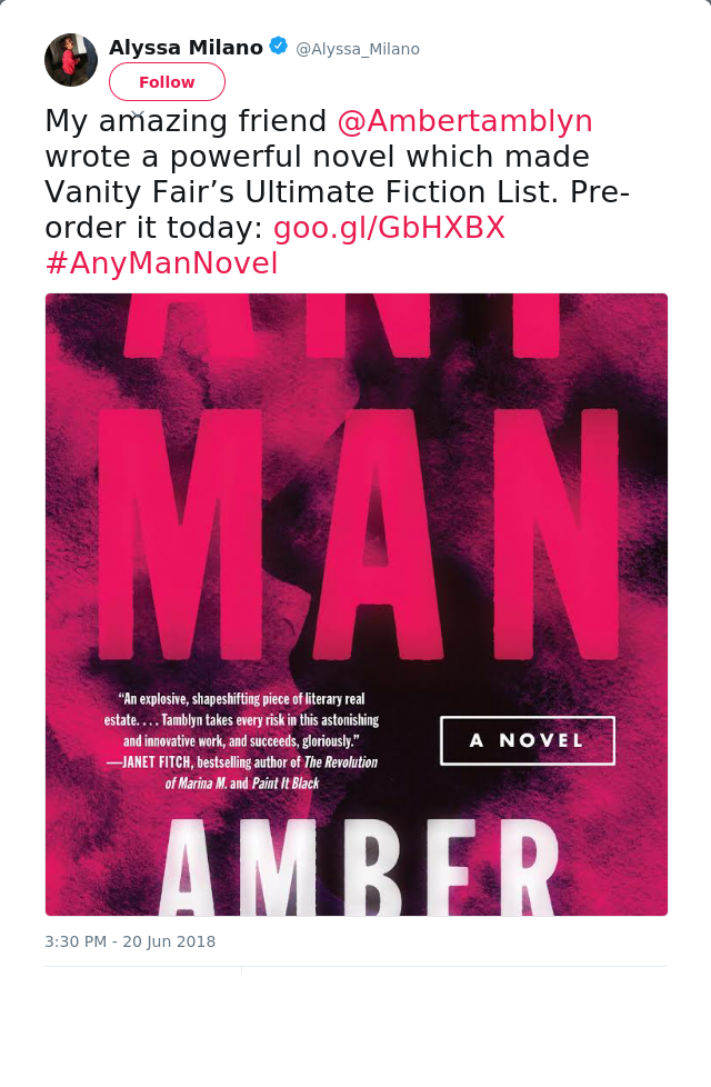My amazing friend @Ambertamblyn wrote a powerful novel which made Vanity Fair’s Ultimate Fiction List. Pre-order it…