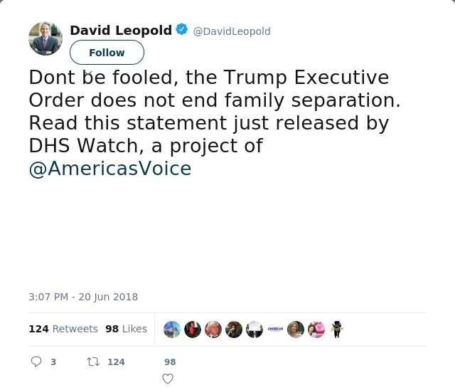 RT @DavidLeopold: Dont be fooled, the Trump Executive Order does not end family separation. Read this statement just released by DHS Watch,…