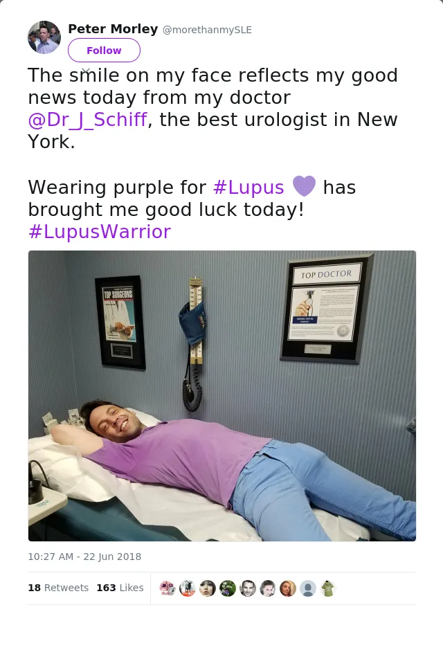 RT @morethanmySLE: The smile on my face reflects my good news today from my doctor @Dr_J_Schiff, the best urologist in New York.

Wearing p…