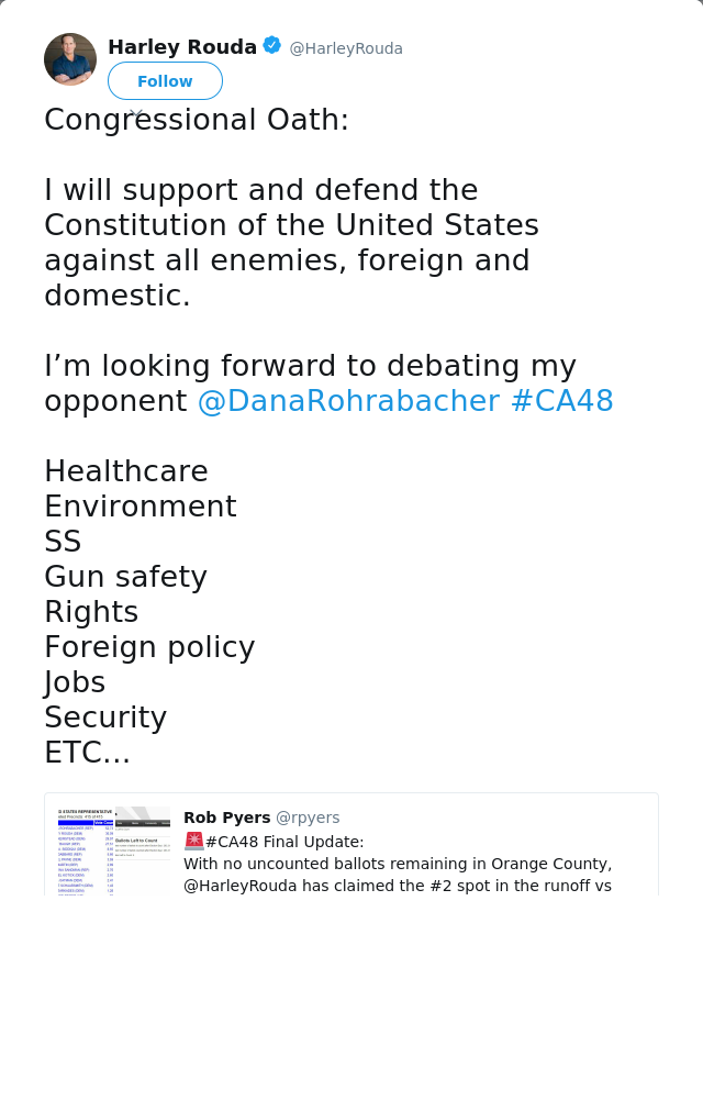 RT @HarleyRouda: Congressional Oath:

I will support and defend the Constitution of the United States against all enemies, foreign and dome…