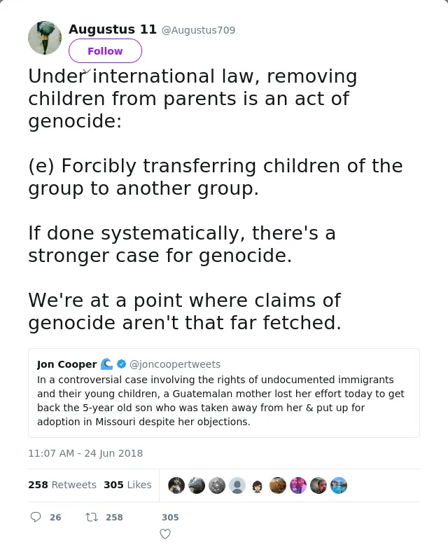 RT @Augustus709: Under international law, removing children from parents is an act of genocide: 

(e) Forcibly transferring children of the…
