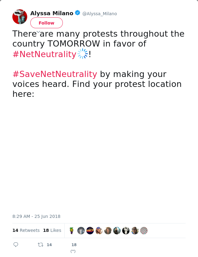 There are many protests throughout the country TOMORROW in favor of #NetNeutrality!

#SaveNetNeutrality by making y…