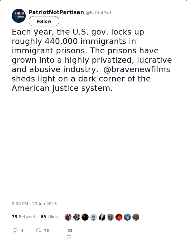 RT @PatNotPart: Each year, the U.S. gov. locks up roughly 440,000 immigrants in immigrant prisons. The prisons have grown into a highly pri…