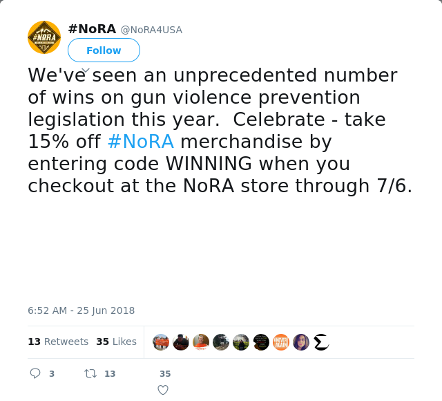 RT @NoRA4USA: We've seen an unprecedented number of wins on gun violence prevention legislation this year.  Celebrate - take 15% off #NoRA…