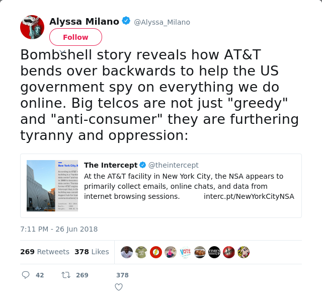 Bombshell story reveals how AT&amp;T bends over backwards to help the US government spy on everything we do online. Big…
