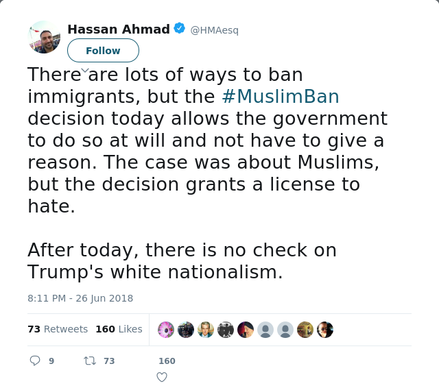 RT @HMAesq: There are lots of ways to ban immigrants, but the #MuslimBan decision today allows the government to do so at will and not have…