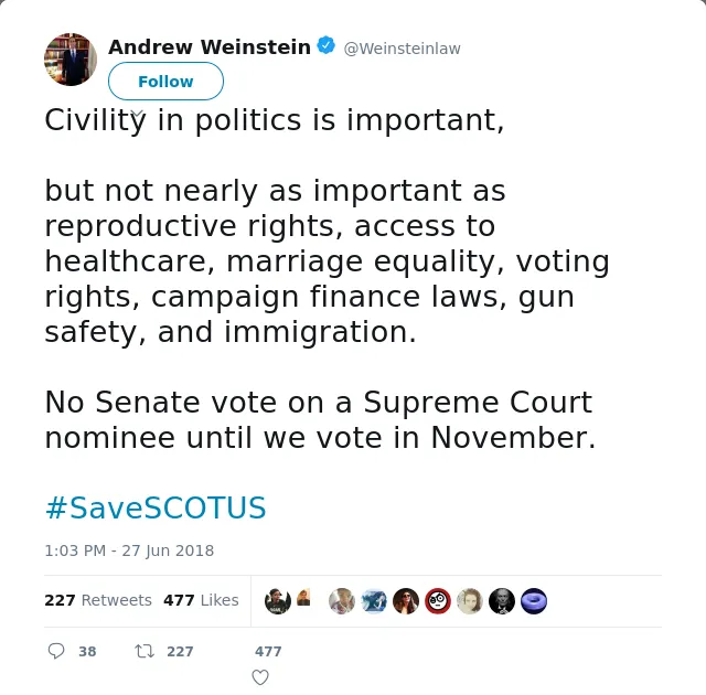 RT @Weinsteinlaw: Civility in politics is important,

but not nearly as important as reproductive rights, access to healthcare, marriage eq…