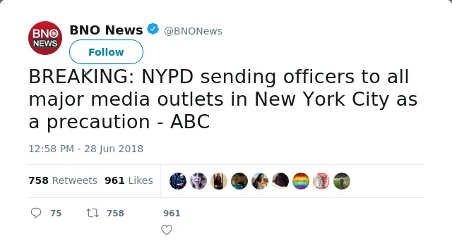 RT @BNONews: BREAKING: NYPD sending officers to all major media outlets in New York City as a precaution - ABC