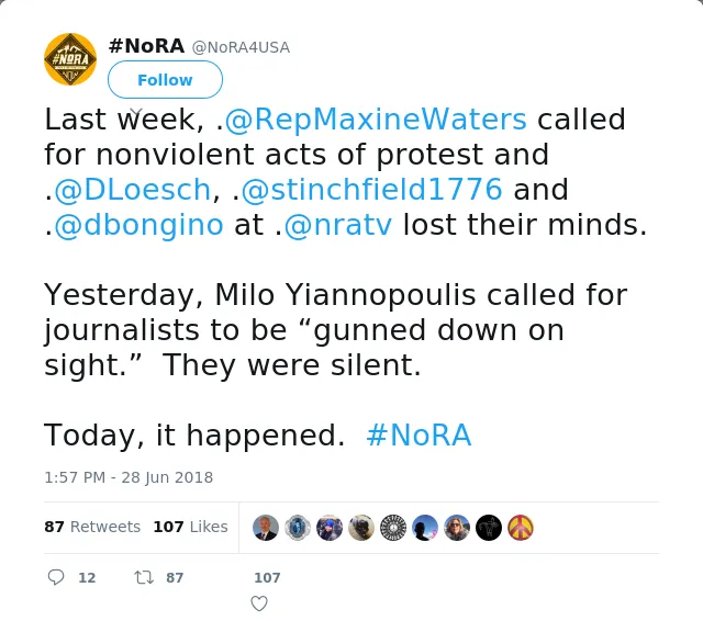 RT @NoRA4USA: Last week, .@RepMaxineWaters called for nonviolent acts of protest and .@DLoesch, .@stinchfield1776 and .@dbongino at .@nratv…