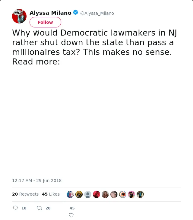 Why would Democratic lawmakers in NJ rather shut down the state than pass a millionaires tax? This makes no sense.…