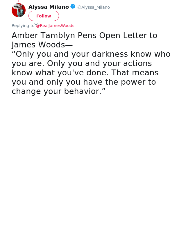 @RealJamesWoods Amber Tamblyn Pens Open Letter to James Woods—
“Only you and your darkness know who you are. Only y…