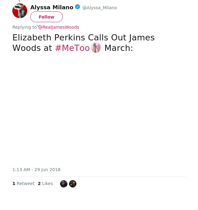 @RealJamesWoods Elizabeth Perkins Calls Out James Woods at #MeToo March: