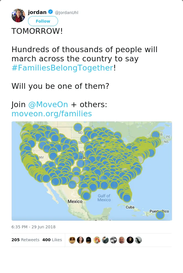 RT @JordanUhl: TOMORROW!

Hundreds of thousands of people will march across the country to say #FamiliesBelongTogether! 

Will you be one o…