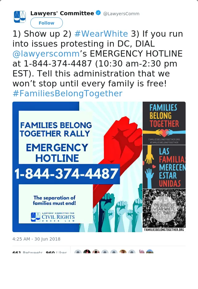 RT @LawyersComm: 1) Show up 2) #WearWhite 3) If you run into issues protesting in DC, DIAL @lawyerscomm’s EMERGENCY HOTLINE at 1-844-374-44…