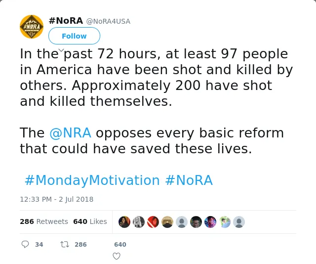 RT @NoRA4USA: In the past 72 hours, at least 97 people in America have been shot and killed by others. Approximately 200 have shot and kill…