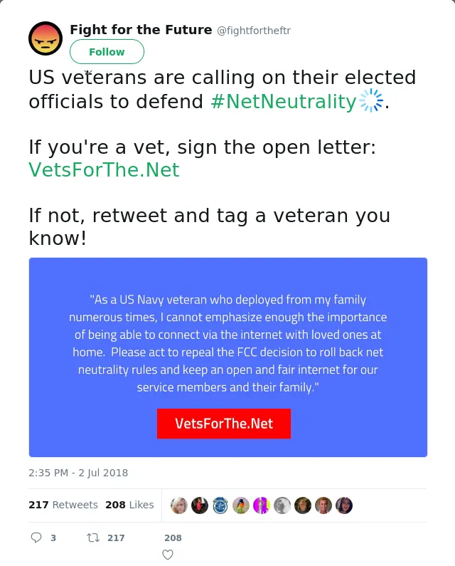 RT @fightfortheftr: US veterans are calling on their elected officials to defend #NetNeutrality.

If you're a vet, sign the open letter: ht…