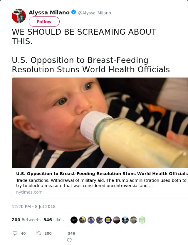WE SHOULD BE SCREAMING ABOUT THIS. 

U.S. Opposition to Breast-Feeding Resolution Stuns World Health Officials