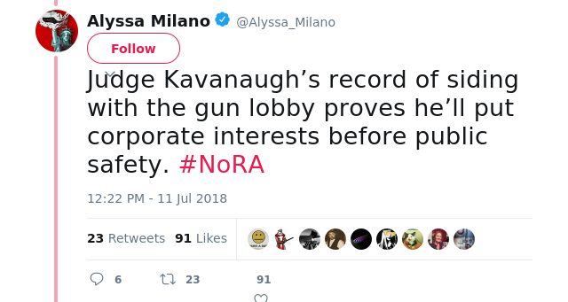 Judge Kavanaugh’s record of siding with the gun lobby proves he’ll put corporate interests before public safety. #NoRA