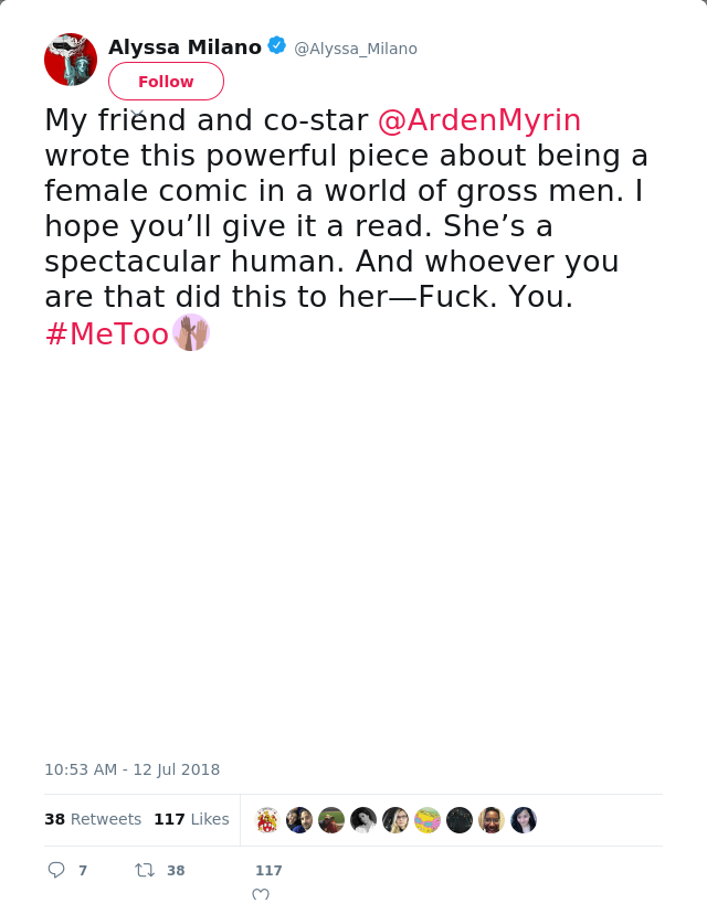 My friend and co-star ⁦@ArdenMyrin⁩ wrote this powerful piece about being a female comic in a world of gross men. I…