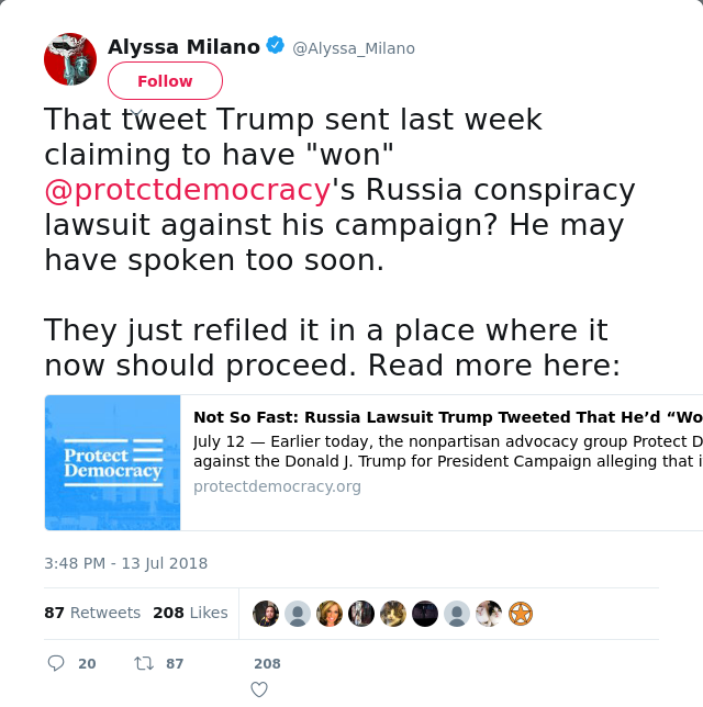 That tweet Trump sent last week claiming to have "won" @protctdemocracy's Russia conspiracy lawsuit against his cam…