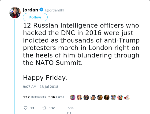 RT @JordanUhl: 12 Russian Intelligence officers who hacked the DNC in 2016 were just indicted as thousands of anti-Trump protesters march i…