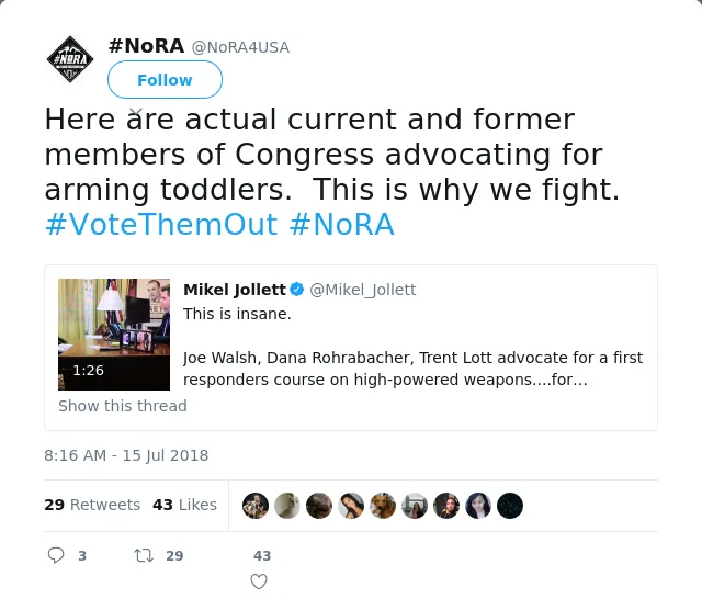 RT @NoRA4USA: Here are actual current and former members of Congress advocating for arming toddlers.  This is why we fight. #VoteThemOut #N…