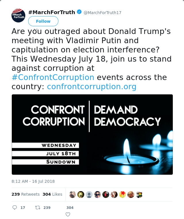 RT @MarchForTruth17: Are you outraged about Donald Trump's meeting with Vladimir Putin and capitulation on election interference? This Wedn…