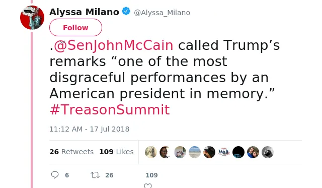 .@SenJohnMcCain called Trump’s remarks “one of the most disgraceful performances by an American president in memory.” #TreasonSummit