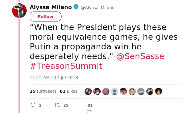 “When the President plays these moral equivalence games, he gives Putin a propaganda win he desperately needs."-@SenSasse #TreasonSummit