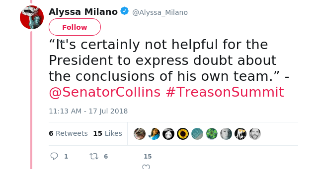 “It's certainly not helpful for the President to express doubt about the conclusions of his own team.” -@SenatorCollins #TreasonSummit