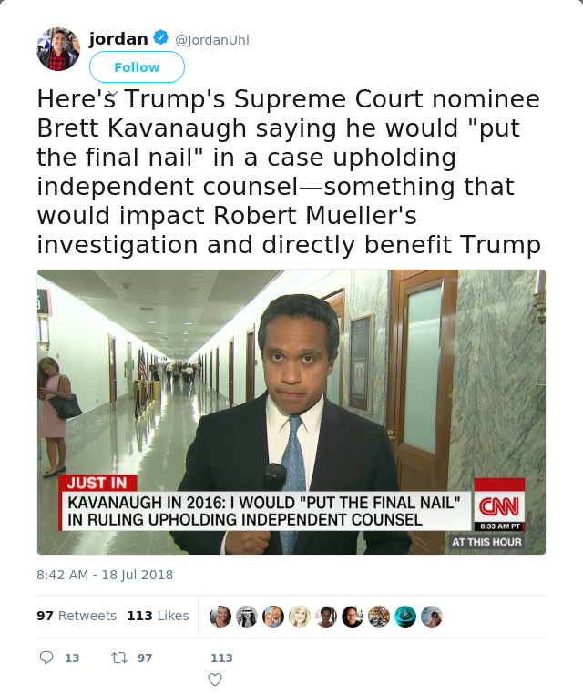 RT @JordanUhl: Here's Trump's Supreme Court nominee Brett Kavanaugh saying he would "put the final nail" in a case upholding independent co…