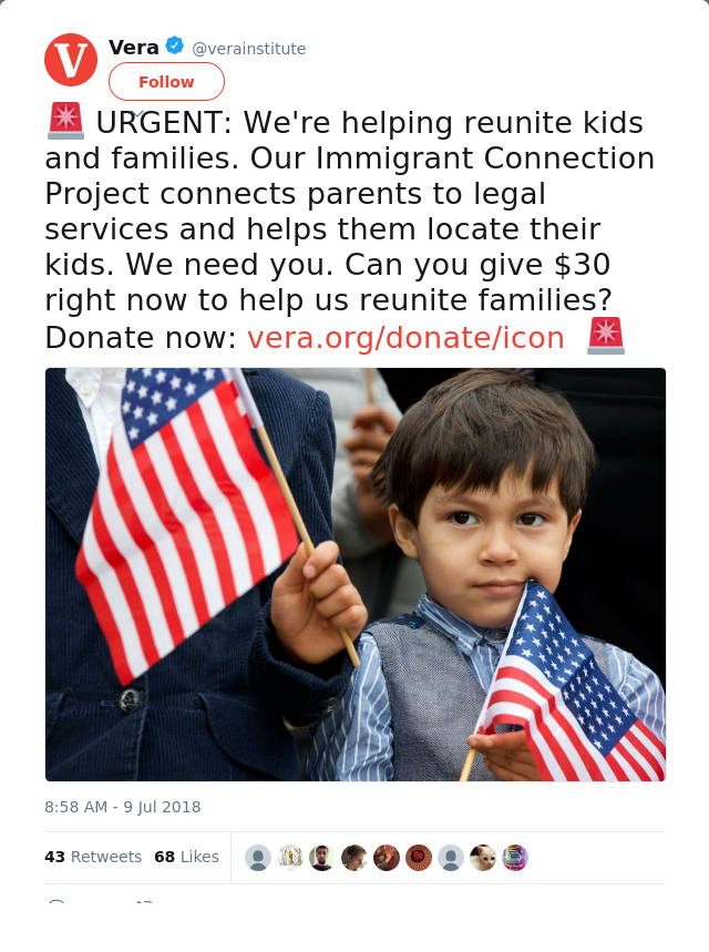 RT @verainstitute: 🚨 URGENT: We're helping reunite kids and families. Our Immigrant Connection Project connects parents to legal services a…