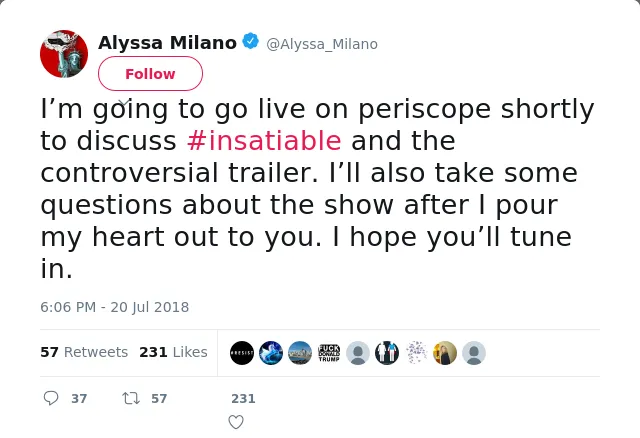 I’m going to go live on periscope shortly to discuss #insatiable and the controversial trailer. I’ll also take some…