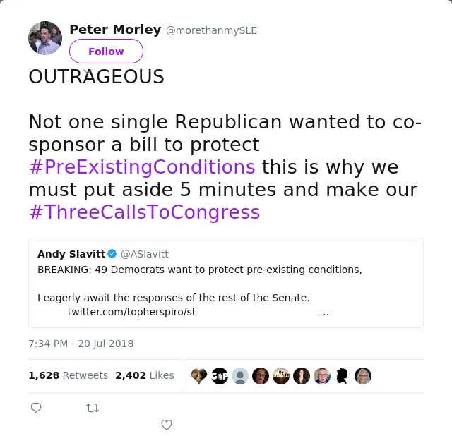 RT @morethanmySLE: OUTRAGEOUS 

Not one single Republican wanted to co-sponsor a bill to protect #PreExistingConditions this is why we must…