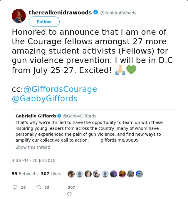 RT @KenidraRWoods_: Honored to announce that I am one of the Courage fellows amongst 27 more amazing student activists (Fellows) for gun vi…
