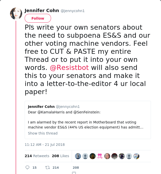 RT @jennycohn1: Pls write your own senators about the need to subpoena ES&amp;S and our other voting machine vendors. Feel free to CUT &amp; PASTE…