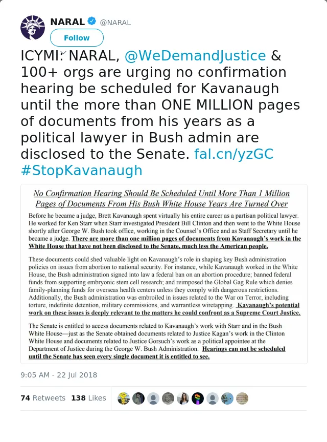 RT @NARAL: ICYMI: NARAL, @WeDemandJustice &amp; 100+ orgs are urging no confirmation hearing be scheduled for Kavanaugh until the more than ONE…