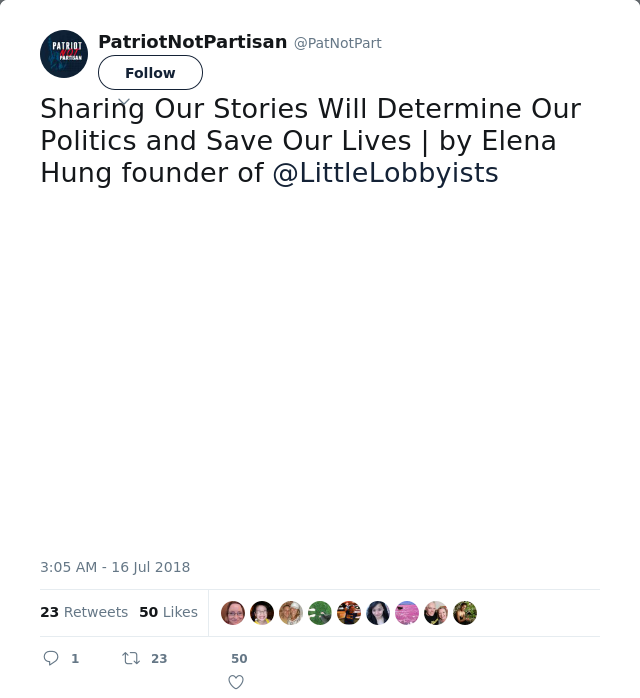 RT @PatNotPart: Sharing Our Stories Will Determine Our Politics and Save Our Lives | by Elena Hung founder of @LittleLobbyists