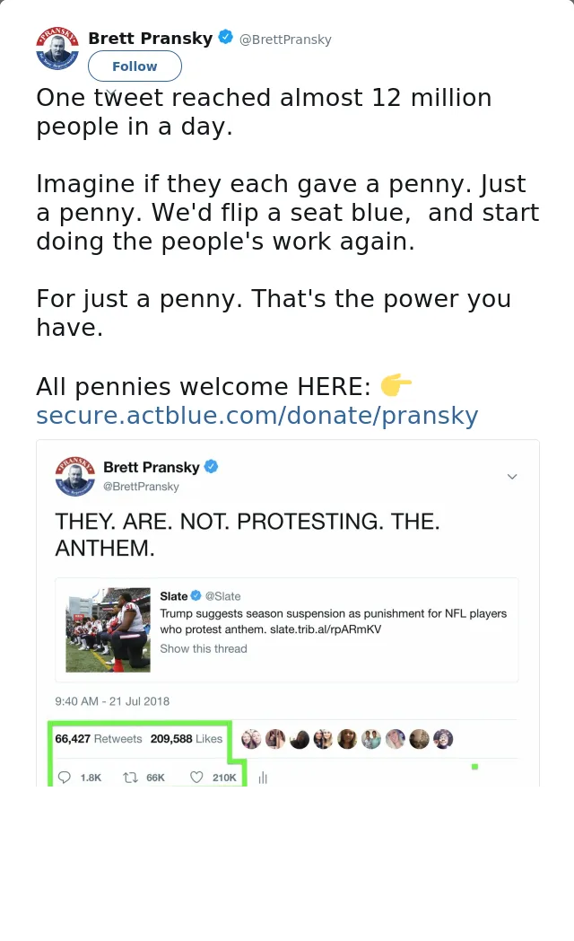 RT @BrettPransky: One tweet reached almost 12 million people in a day.

Imagine if they each gave a penny. Just a penny. We'd flip a seat b…