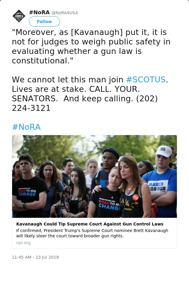 RT @NoRA4USA: "Moreover, as [Kavanaugh] put it, it is not for judges to weigh public safety in evaluating whether a gun law is constitution…