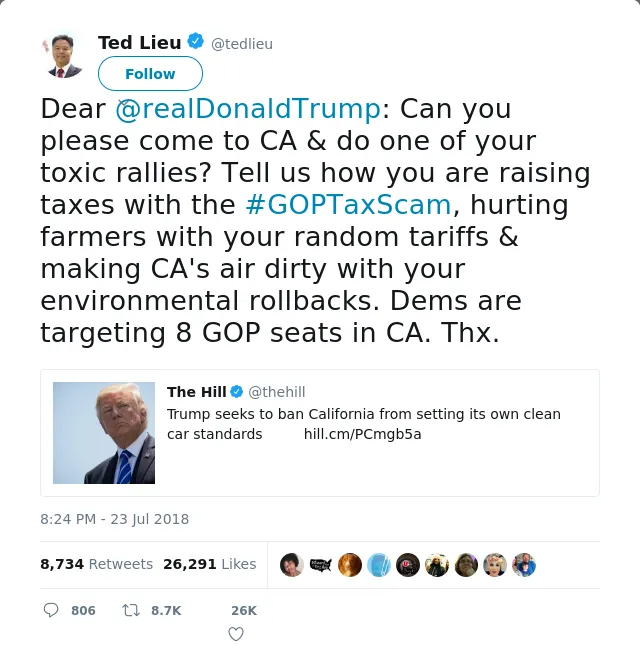 RT @tedlieu: Dear @realDonaldTrump: Can you please come to CA &amp; do one of your toxic rallies? Tell us how you are raising taxes with the #G…