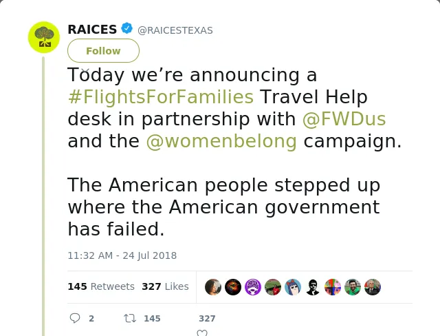 RT @RAICESTEXAS: Today we’re announcing a #FlightsForFamilies Travel Help desk in partnership with @FWDus and the @womenbelong campaign.

T…
