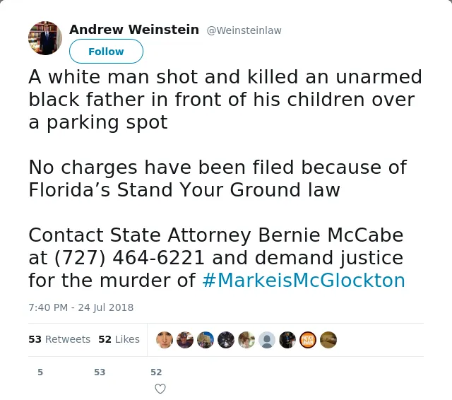 RT @Weinsteinlaw: A white man shot and killed an unarmed black father in front of his children over a parking spot

No charges have been fi…