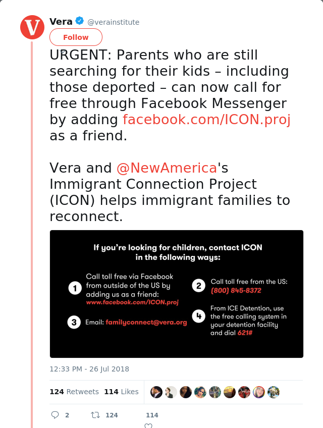 RT @verainstitute: URGENT: Parents who are still searching for their kids – including those deported – can now call for free through Facebo…