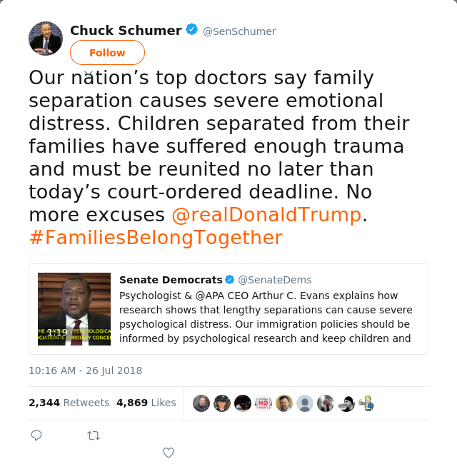 RT @SenSchumer: Our nation’s top doctors say family separation causes severe emotional distress. Children separated from their families hav…