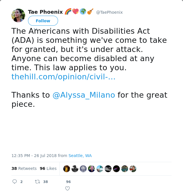 RT @TaePhoenix: The Americans with Disabilities Act (ADA) is something we've come to take for granted, but it's under attack. Anyone can be…