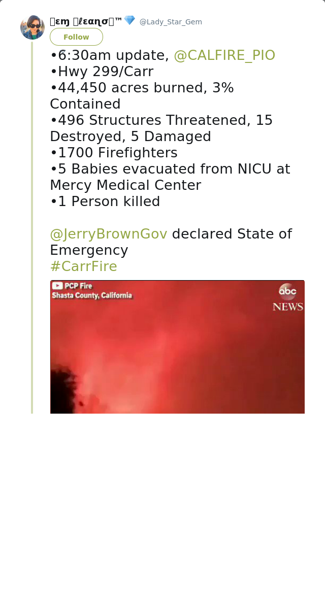 RT @Lady_Star_Gem: •6:30am update, @CALFIRE_PIO
•Hwy 299/Carr
•44,450 acres burned, 3% Contained
•496 Structures Threatened, 15 Destroyed,…