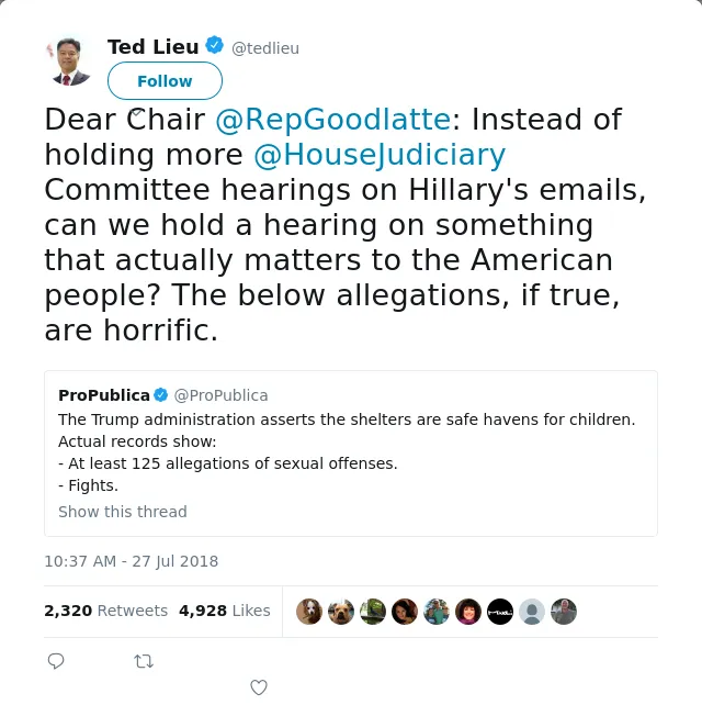 RT @tedlieu: Dear Chair @RepGoodlatte: Instead of holding more @HouseJudiciary Committee hearings on Hillary's emails, can we hold a hearin…