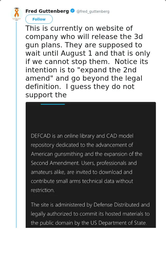 RT @fred_guttenberg: This is currently on website of company who will release the 3d gun plans. They are supposed to wait until August 1 an…