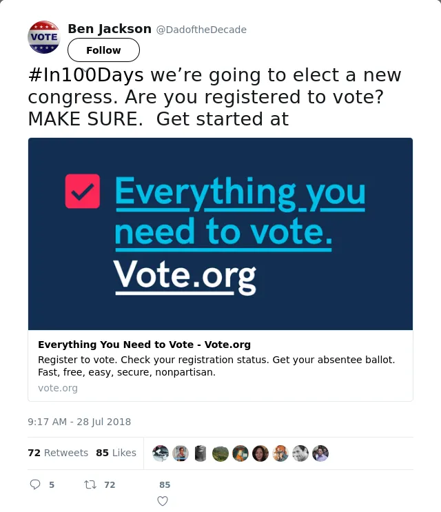 RT @DadoftheDecade: #In100Days we’re going to elect a new congress. Are you registered to vote?  MAKE SURE.  Get started at